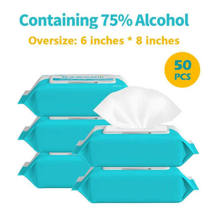50Pc XL Alcohol 75% Anti-bacterial Wet Wipes 8''*6''
